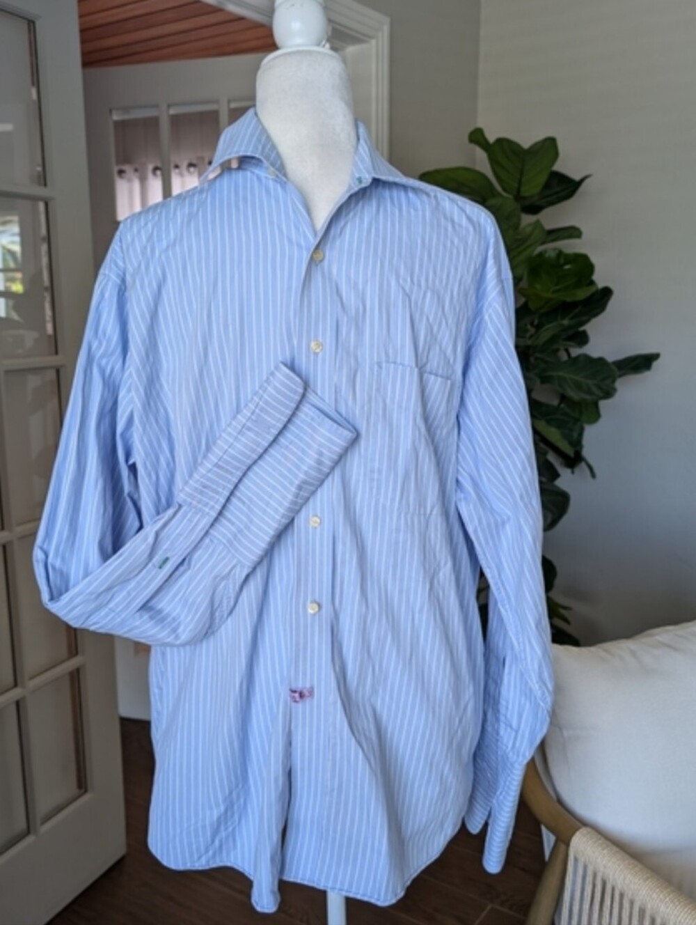 Vintage Tommy Hilfiger Light Blue and White Pinstripe Dress Shirt Large